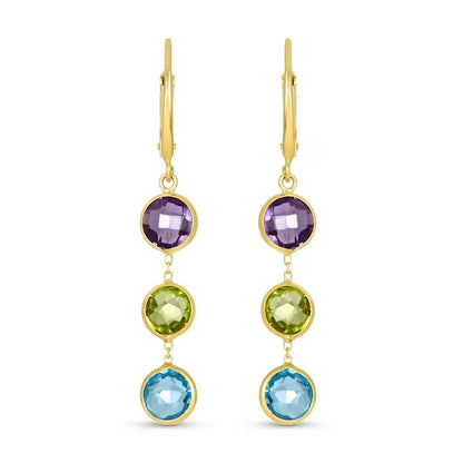 Round Cut Multi Gemstone Dangle Earrings in 14K Gold