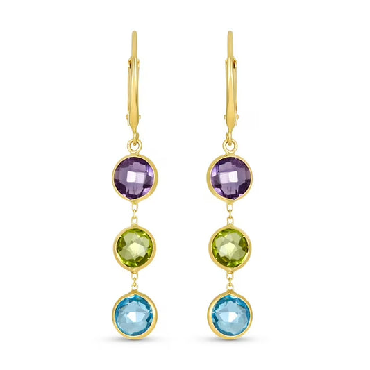 Round Cut Multi Gemstone Dangle Earrings in 14K Gold
