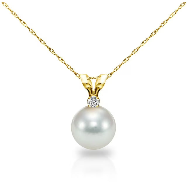 8-8.5 mm Akoya Pearl with .05 ct Diamond Pendant Rope Chain Necklace in 14K Gold
