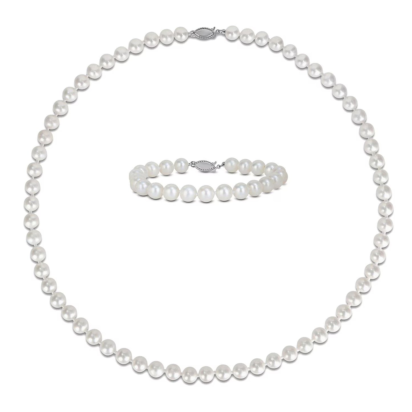 Freshwater Cultured Pearl Necklace and Bracelet Set in Sterling Silver