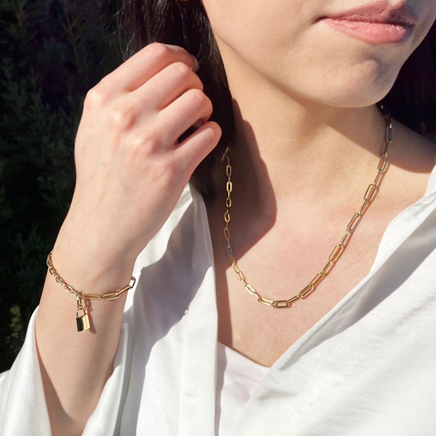 Paperclip & Cable Chain Bracelet with Padlock Charm in 14K Gold