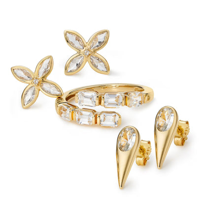 Lab White Sapphire Flower Earrings in 14K Yellow Gold