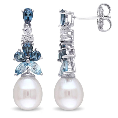 8.5-9 MM Freshwater Cultured Pearl Blue and White Topaz Drop Earrings