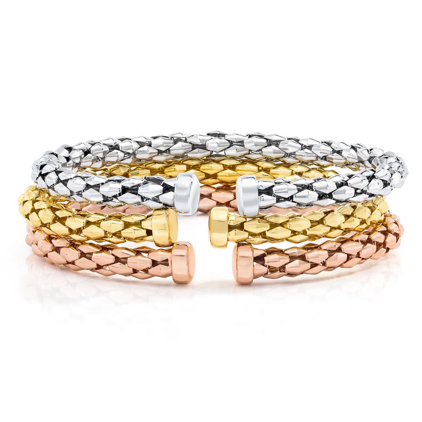 Mosaic Chain Bangle Bracelet Set in Sterling Silver & 18K Gold Plated