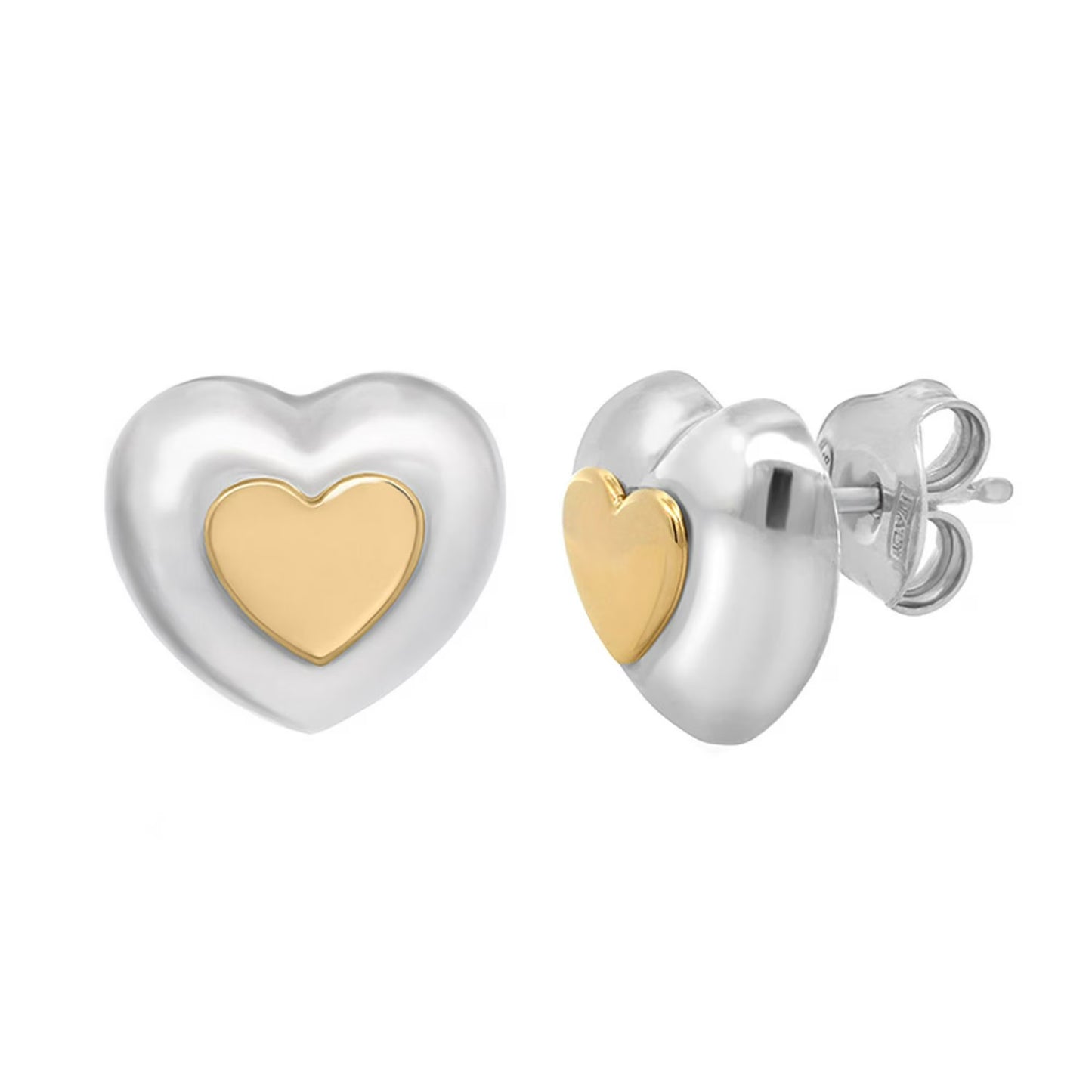 High Polish Puffy Heart Earrings in Sterling Silver & 14K Gold