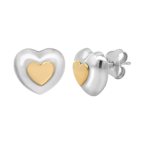 High Polish Puffy Heart Earrings in Sterling Silver & 14K Gold