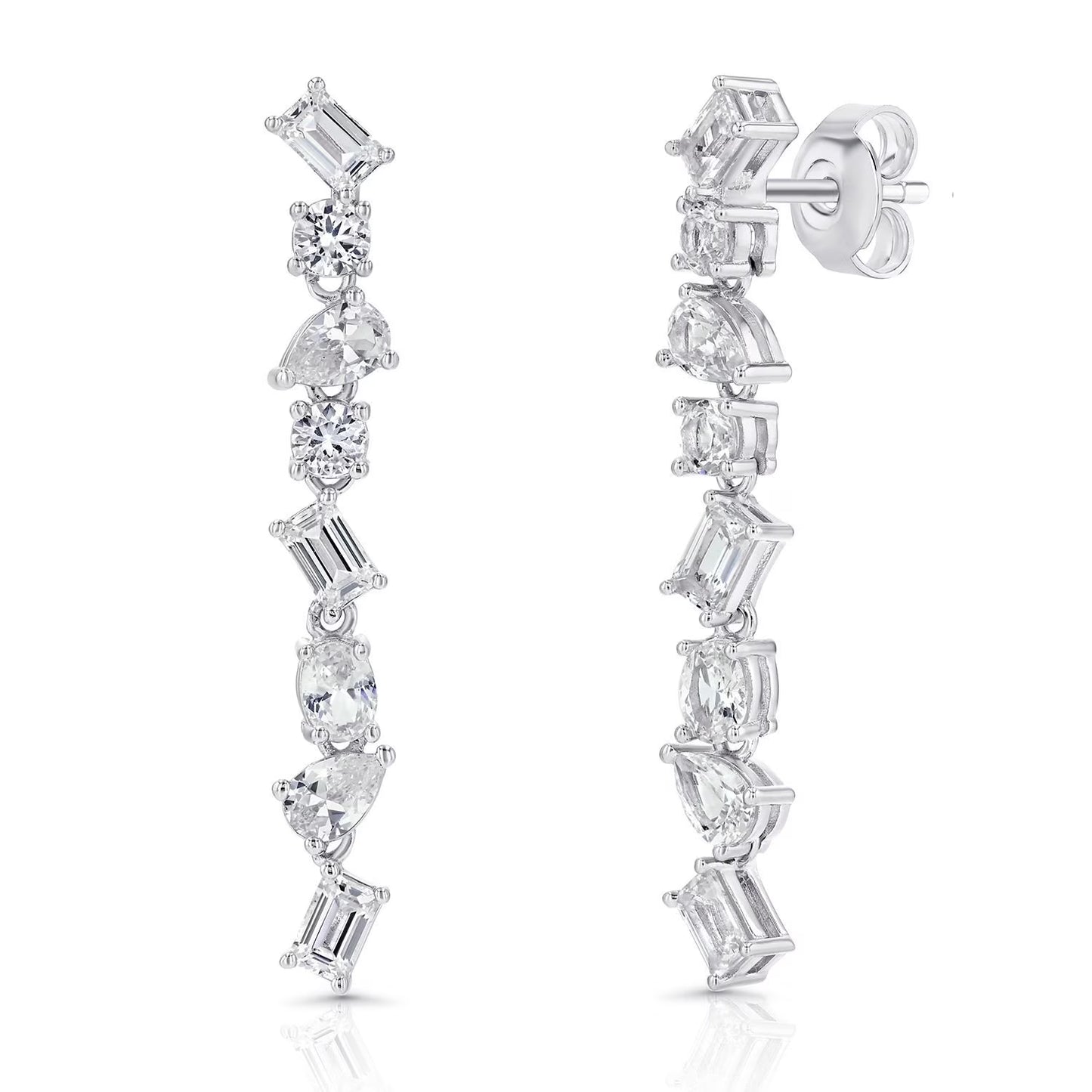 Lab White Sapphire Mixed Cut Dangle Earrings in Sterling Silver