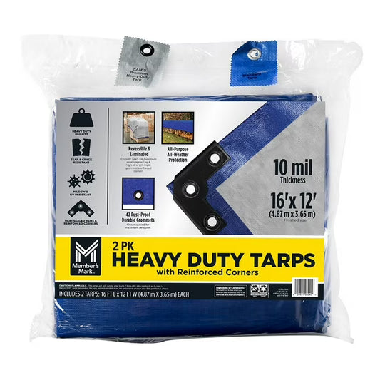 Commercial Tarps with Reinforced Corners, 16' x 12', Blue/Gray 2-Pack