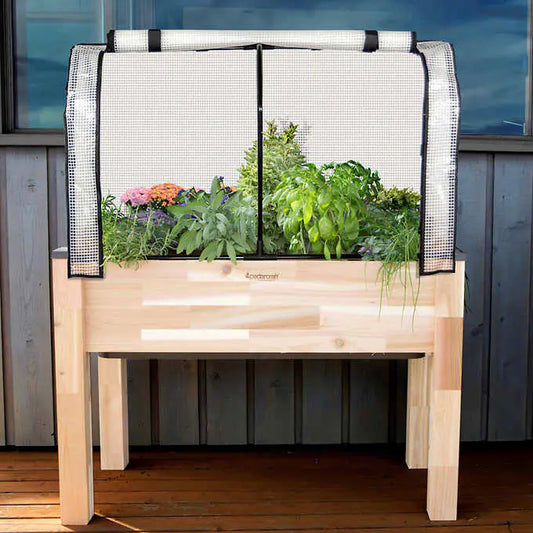 Self-Watering Elevated Cedar Planter with Greenhouse and Bug Cover