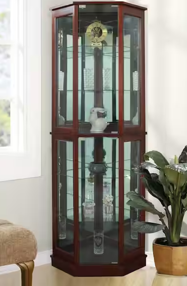 Walnut 5-Sided Lighted Corner Curio Cabinet
