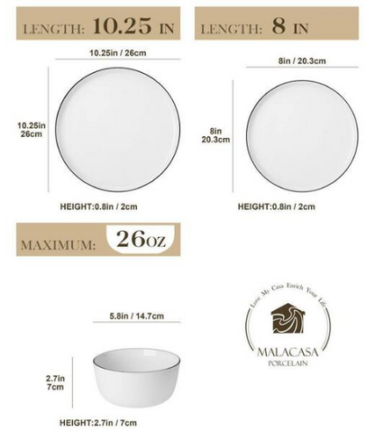 12-Piece White Black Rim Porcelain Dinnerware Set