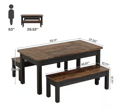 3-Piece Rectangle Black and Brown Wood Top Dining Room Set