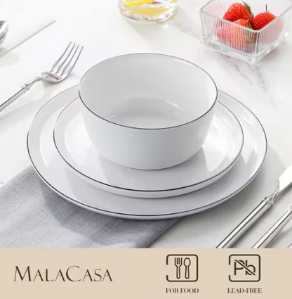 12-Piece White Black Rim Porcelain Dinnerware Set
