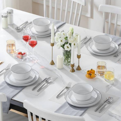 12-Piece White Black Rim Porcelain Dinnerware Set