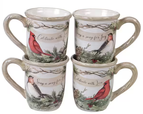 Holly and Ivy 4-Piece Multi-Colored 18 oz. Earthenware Mug Set