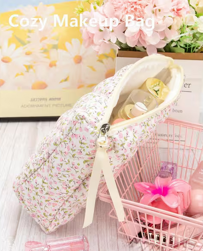 Floral Pink Quilted Makeup Toiletry Bag