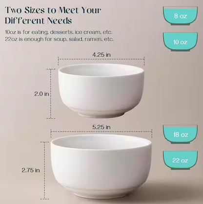 White Ceramic Bowl Kitchen Soup and Cereal Bowls Set