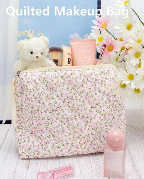 Floral Pink Quilted Makeup Toiletry Bag