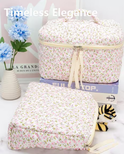 Floral Pink Quilted Makeup Toiletry Bag