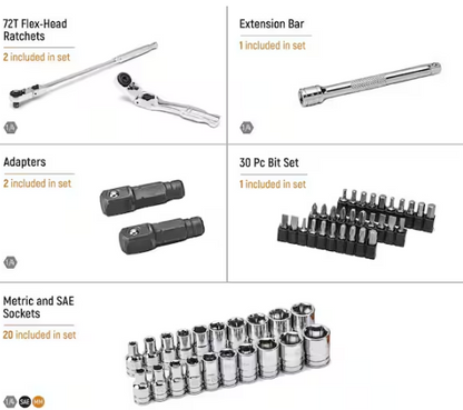 SAE/Metric Slim Flex-Head Ratchet and Socket Mechanics Tool Set