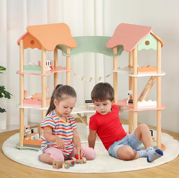 Indoor Wood Doll House 7 Rooms 3 Tiers Playhouse