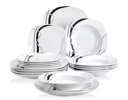 18-Piece Casual Ivory White with Black Stripe Porcelain Dinnerware Set