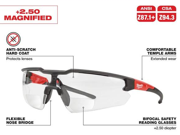 +2.50 Bifocal Safety Glasses Magnified Anti-Scratch Lenses (4-Pack)