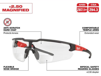 +2.50 Bifocal Safety Glasses Magnified Anti-Scratch Lenses (4-Pack)