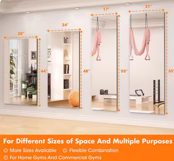 17 in. W x 55 in. H Rectangle Frameless Wall-Mounted HD Gym Mirror