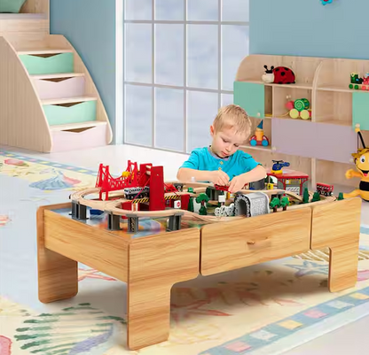 Kids Wooden Train Set and Double-Sided Table Playset