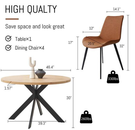 5-Piece (Set of 4) Brown Chairs and Round MDF Dining Table Set