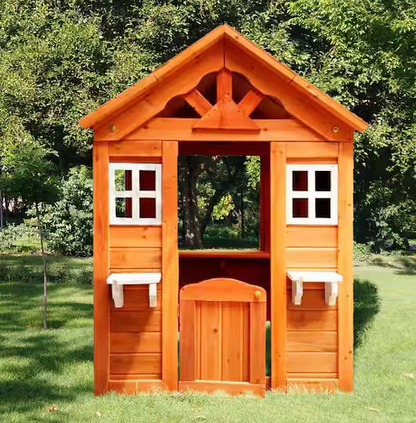 Wooden Kids Playhouse with 2-Windows and Flowerpot Holder