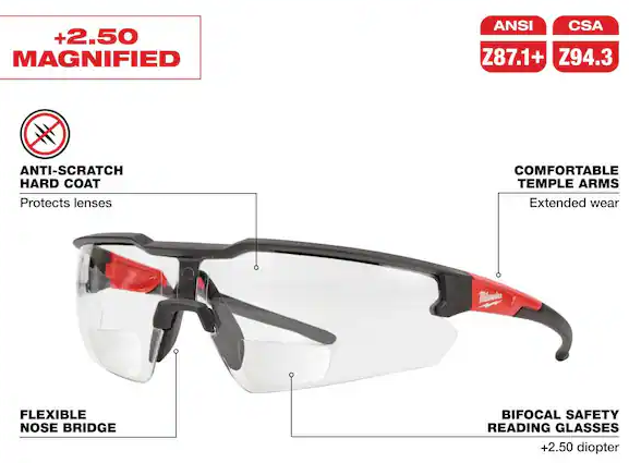+2.50 Bifocal Safety Glasses Magnified Anti-Scratch Lenses
