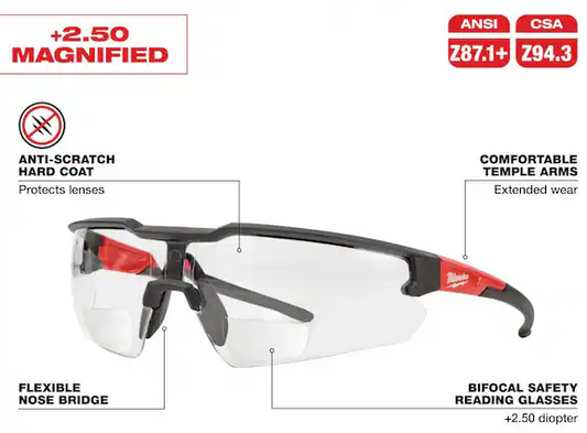 +2.50 Bifocal Safety Glasses Magnified Anti-Scratch Lenses