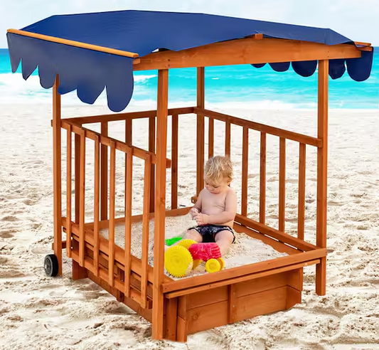 Wooden Rectangle Retractable Sandbox with Cover