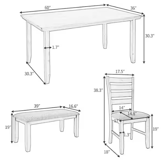 6-Piece Gray Rustic Wood Dining Set with Bench