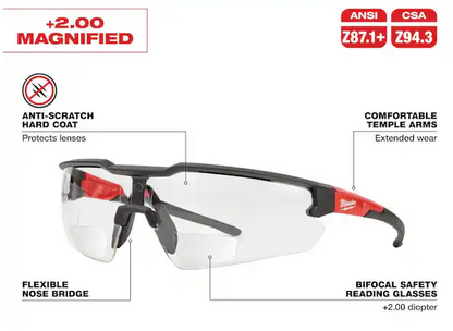 +2.00 Bifocal Safety Glasses Magnified Anti-Scratch Lenses (4-Pack)