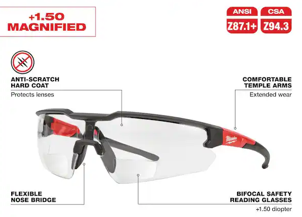 +1.50 Bifocal Safety Glasses Magnified Anti-Scratch Lenses (4-Pack)