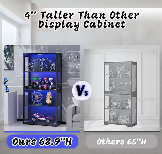 Black 4-Tier Display Cabinet with Tempered Glass Door