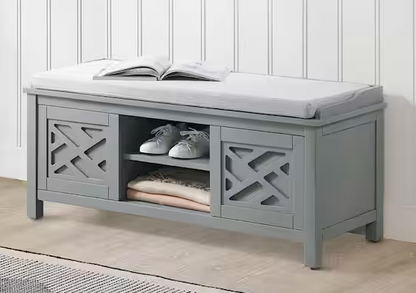 20 in. H Gray Wood Storage Bench with Cushion