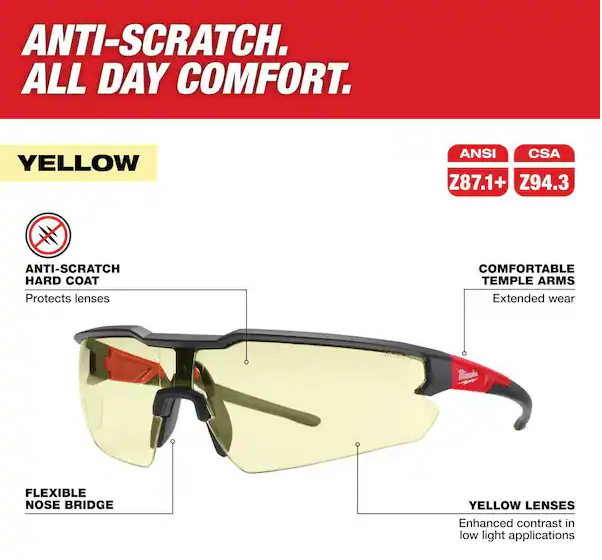 Safety Glasses with Yellow Anti-Scratch Lenses (4-Pack)