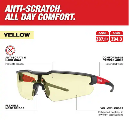 Safety Glasses with Yellow Anti-Scratch Lenses (4-Pack)
