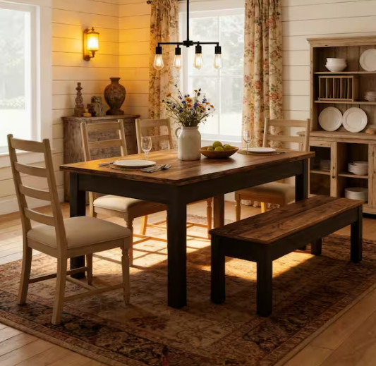 3-Piece Rectangle Dark Brown Wood Top Dining Table Set