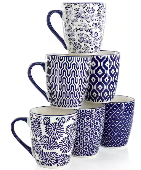 6-Piece 12 oz. Assorted Design Stoneware Mug Set