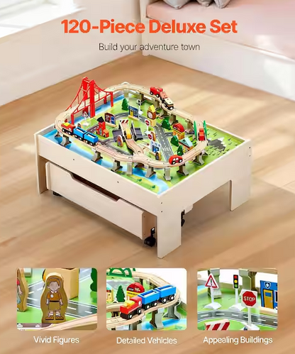 Train Table, 100 Multicolor Pieces Wooden Kids Activity Table