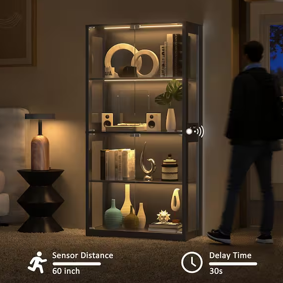 Black 4-Tier Display Cabinet with Tempered Glass Door