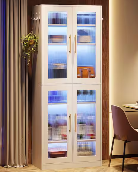 White 24.8 in. W Display Cabinet with Doors and LED Lights