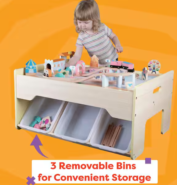 63PC Wooden Train Set with Table, Yellow