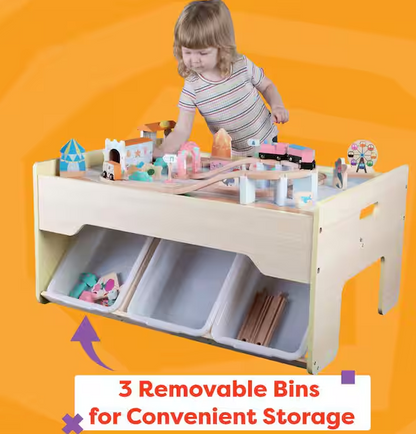 63PC Wooden Train Set with Table, Yellow