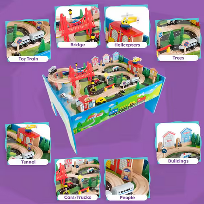 32 in. L Multi-Colored Wooden Train Set and Table